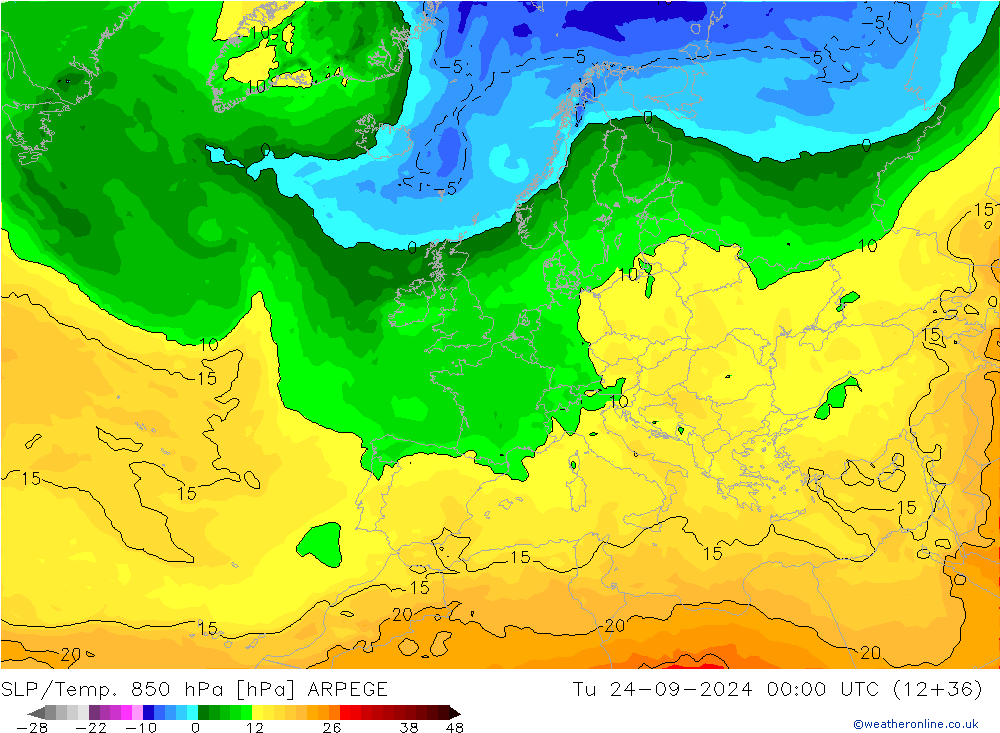 SLP/Temp. 850 гПа ARPEGE вт 24.09.2024 00 UTC