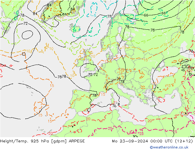 Height/Temp. 925 hPa ARPEGE Mo 23.09.2024 00 UTC