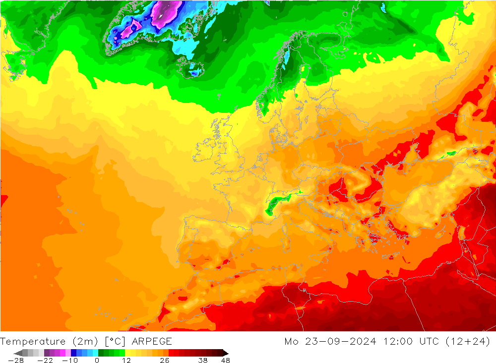 Temperaturkarte (2m) ARPEGE Mo 23.09.2024 12 UTC