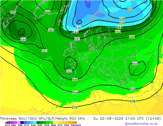 Thck 500-1000hPa ARPEGE Ne 22.09.2024 21 UTC