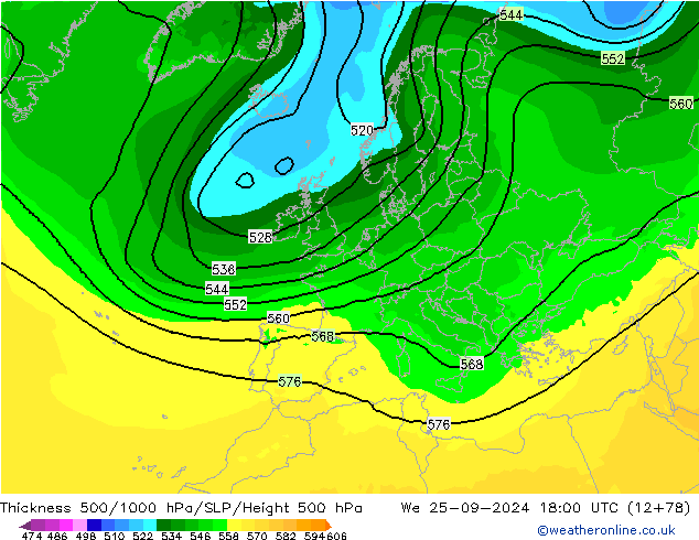 Schichtdicke 500-1000 hPa ARPEGE Mi 25.09.2024 18 UTC