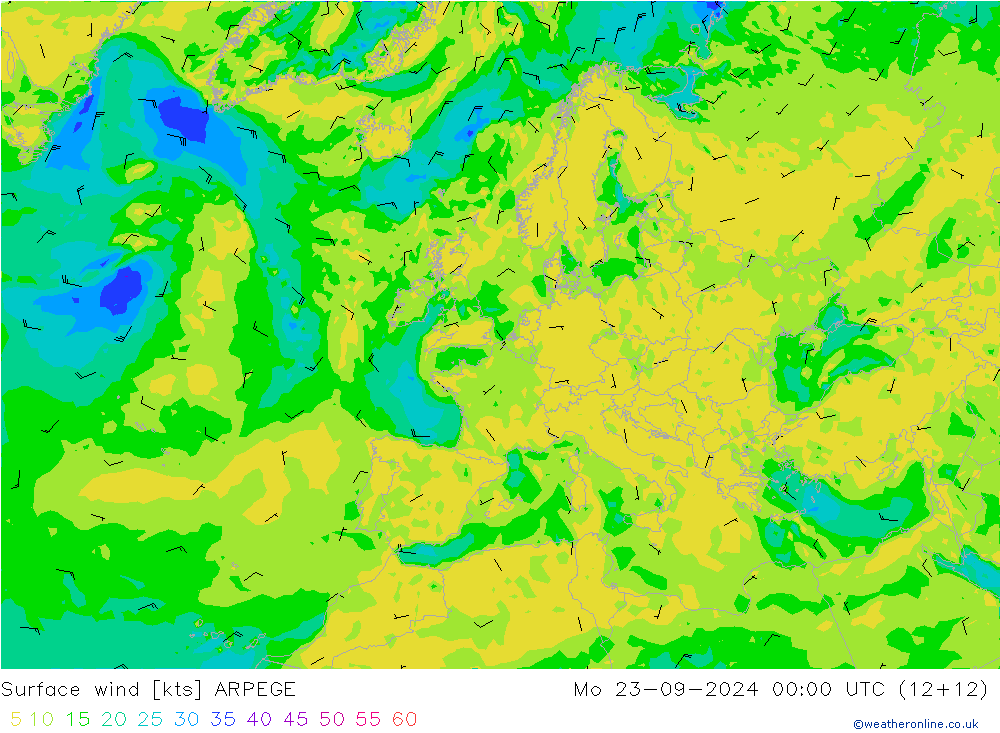 Surface wind ARPEGE Mo 23.09.2024 00 UTC