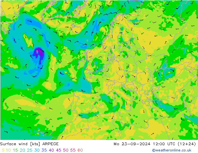 Viento 10 m ARPEGE lun 23.09.2024 12 UTC