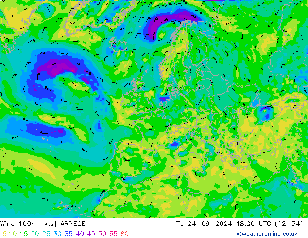 Wind 100m ARPEGE Di 24.09.2024 18 UTC