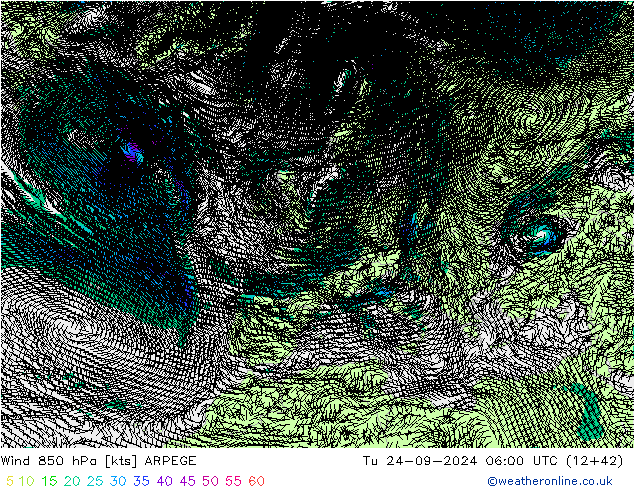 Wind 850 hPa ARPEGE Tu 24.09.2024 06 UTC