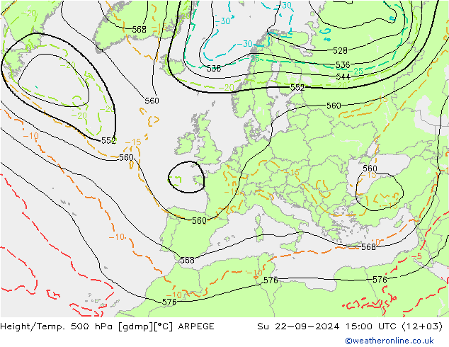 Height/Temp. 500 hPa ARPEGE So 22.09.2024 15 UTC