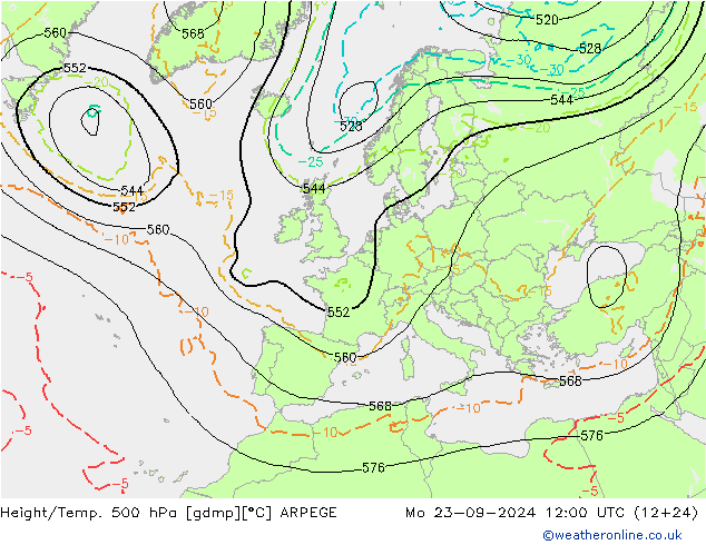 Height/Temp. 500 hPa ARPEGE lun 23.09.2024 12 UTC