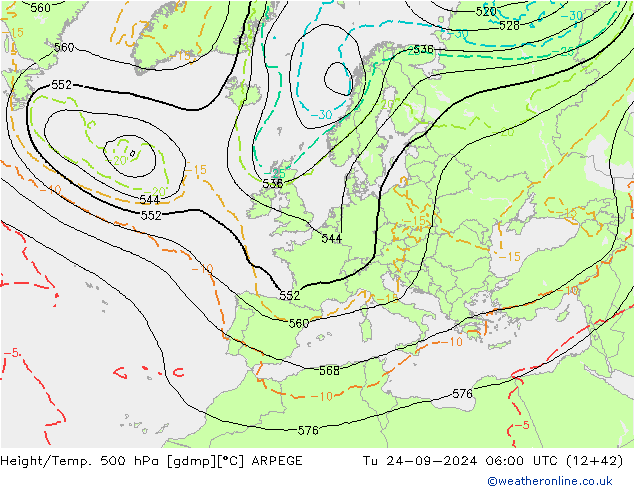 Hoogte/Temp. 500 hPa ARPEGE di 24.09.2024 06 UTC