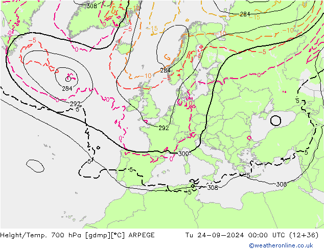 Height/Temp. 700 hPa ARPEGE wto. 24.09.2024 00 UTC