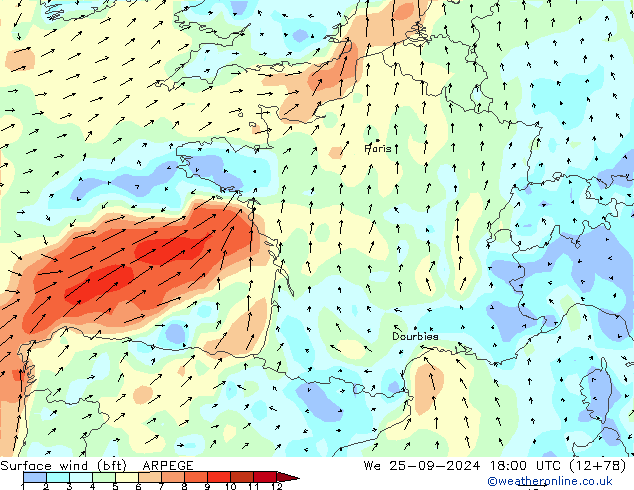  10 m (bft) ARPEGE  25.09.2024 18 UTC