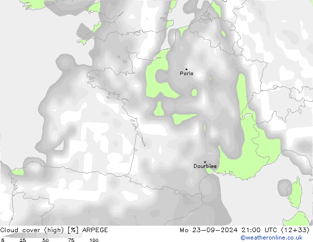 Bulutlar (yüksek) ARPEGE Pzt 23.09.2024 21 UTC