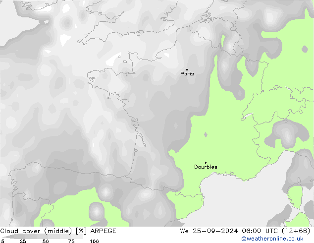 zachmurzenie (środk.) ARPEGE śro. 25.09.2024 06 UTC