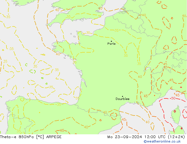 Theta-e 850hPa ARPEGE Mo 23.09.2024 12 UTC