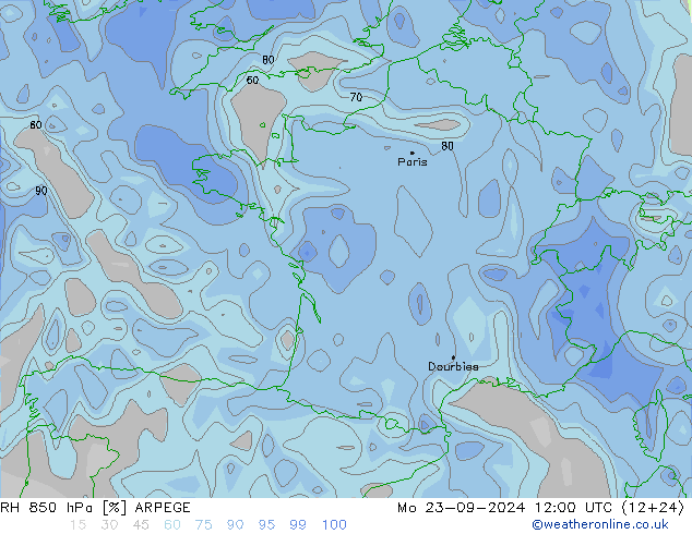 RH 850 hPa ARPEGE Mo 23.09.2024 12 UTC