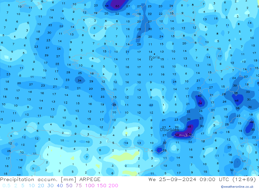 Precipitation accum. ARPEGE mer 25.09.2024 09 UTC