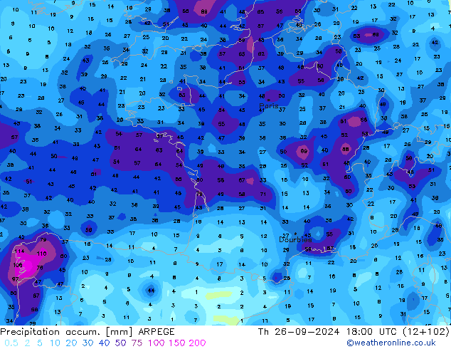 Précipitation accum. ARPEGE jeu 26.09.2024 18 UTC