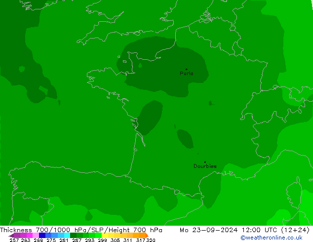 Schichtdicke 700-1000 hPa ARPEGE Mo 23.09.2024 12 UTC