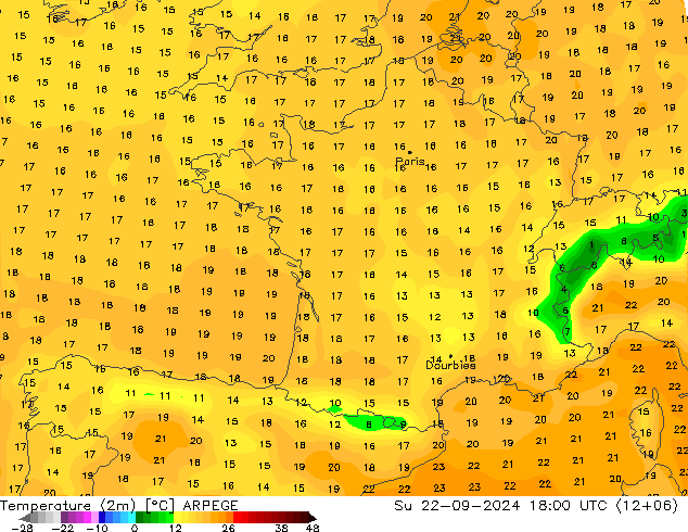 Temperaturkarte (2m) ARPEGE So 22.09.2024 18 UTC