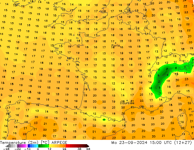 Temperatura (2m) ARPEGE Seg 23.09.2024 15 UTC