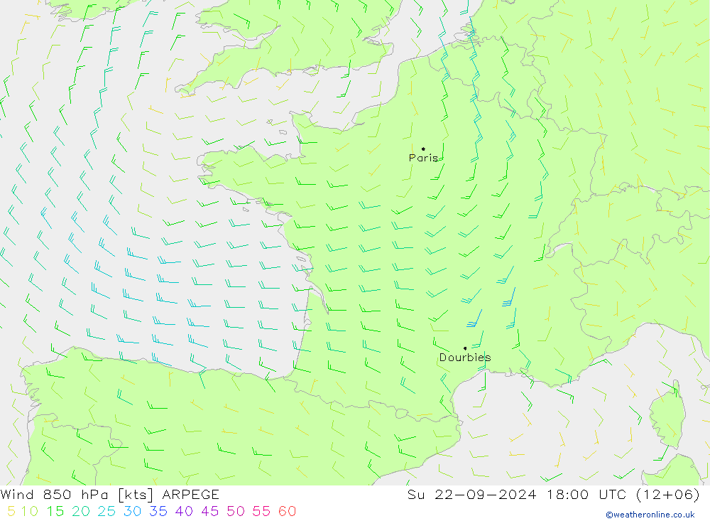 Wind 850 hPa ARPEGE Ne 22.09.2024 18 UTC