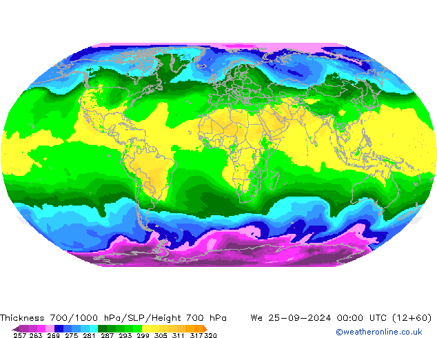 Schichtdicke 700-1000 hPa ARPEGE Mi 25.09.2024 00 UTC