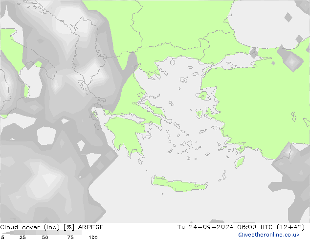 Cloud cover (low) ARPEGE Tu 24.09.2024 06 UTC