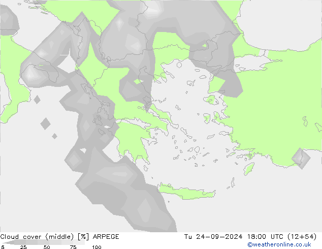 Cloud cover (middle) ARPEGE Tu 24.09.2024 18 UTC