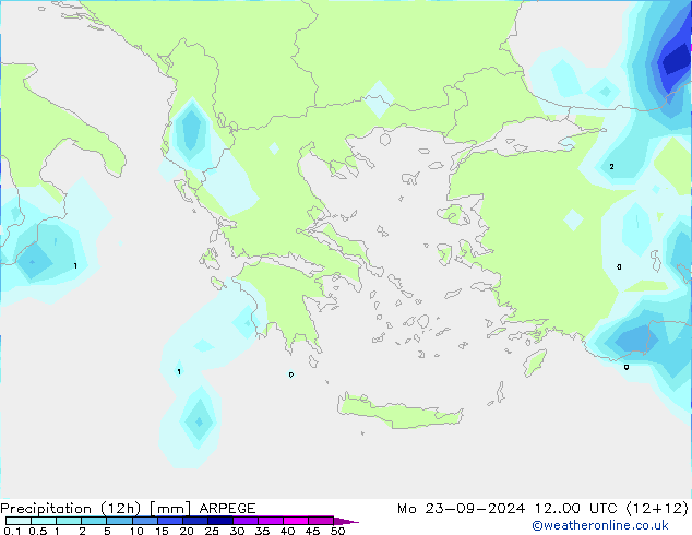 Totale neerslag (12h) ARPEGE ma 23.09.2024 00 UTC