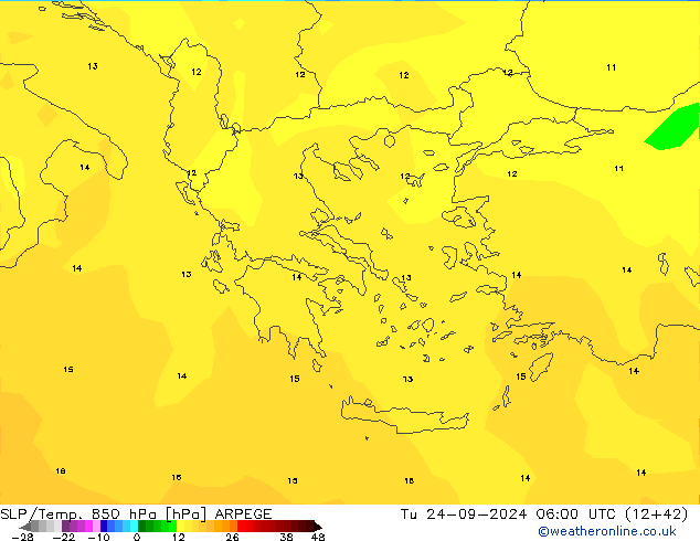 SLP/Temp. 850 гПа ARPEGE вт 24.09.2024 06 UTC