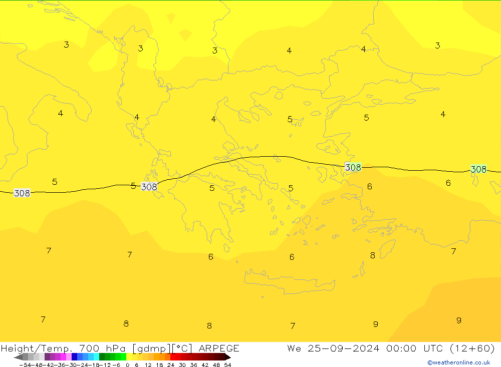 Hoogte/Temp. 700 hPa ARPEGE wo 25.09.2024 00 UTC