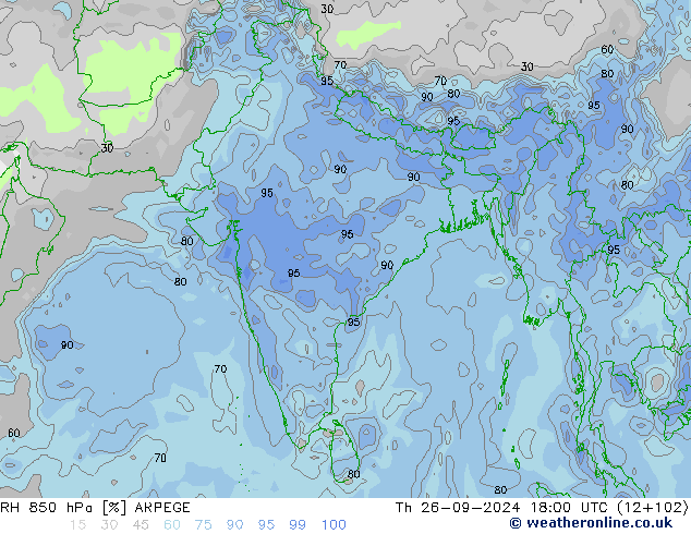 Humidité rel. 850 hPa ARPEGE jeu 26.09.2024 18 UTC