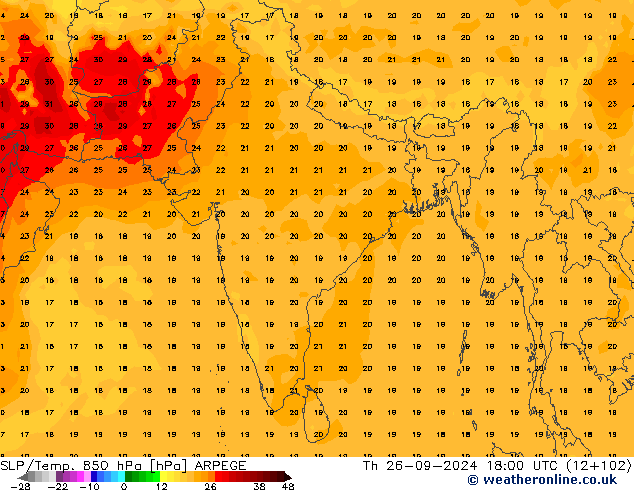 SLP/Temp. 850 hPa ARPEGE jeu 26.09.2024 18 UTC