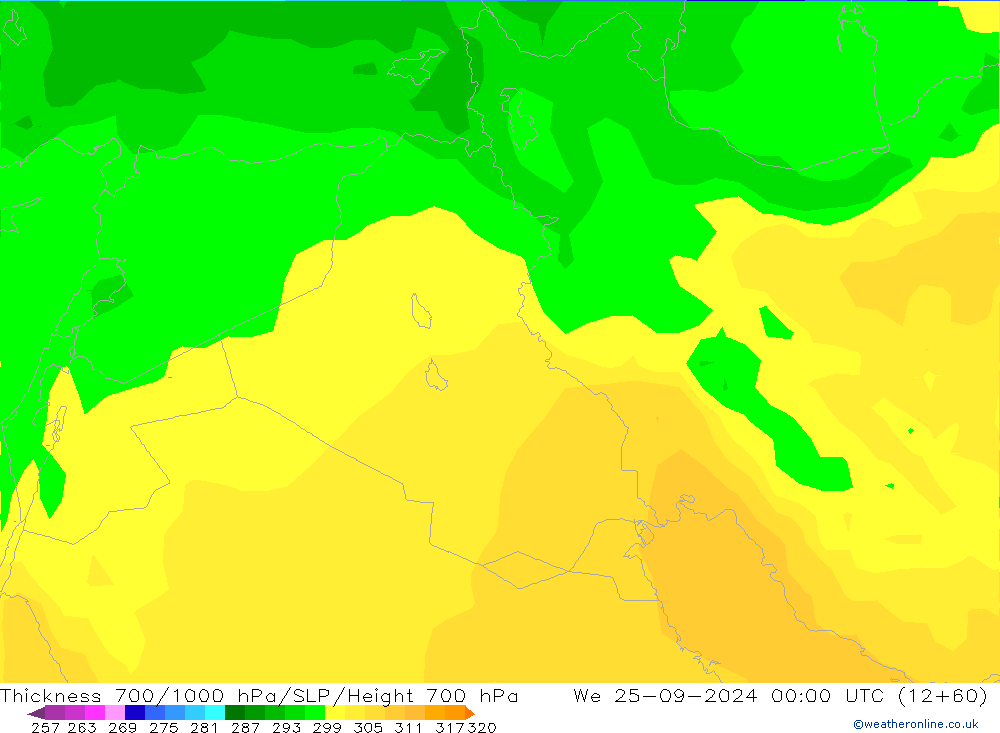 Thck 700-1000 hPa ARPEGE mer 25.09.2024 00 UTC