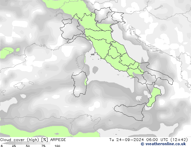 Cloud cover (high) ARPEGE Tu 24.09.2024 06 UTC