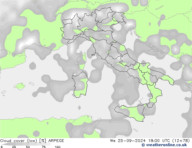 Cloud cover (low) ARPEGE We 25.09.2024 18 UTC