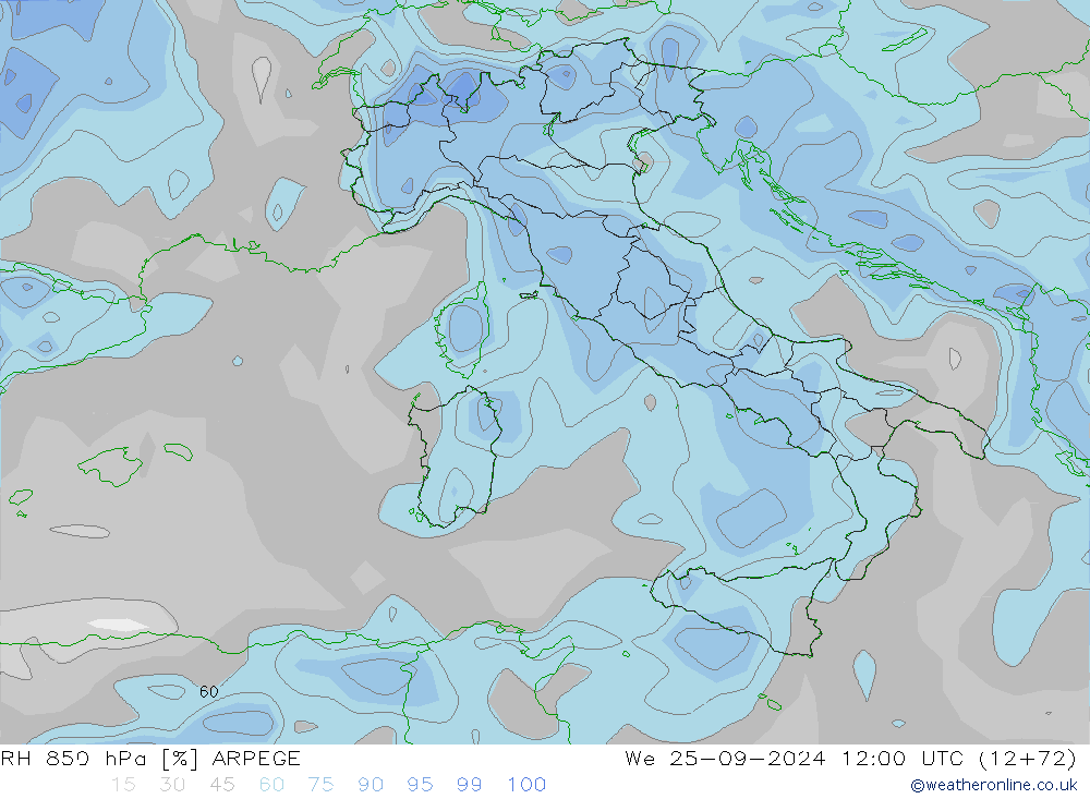 RH 850 гПа ARPEGE ср 25.09.2024 12 UTC