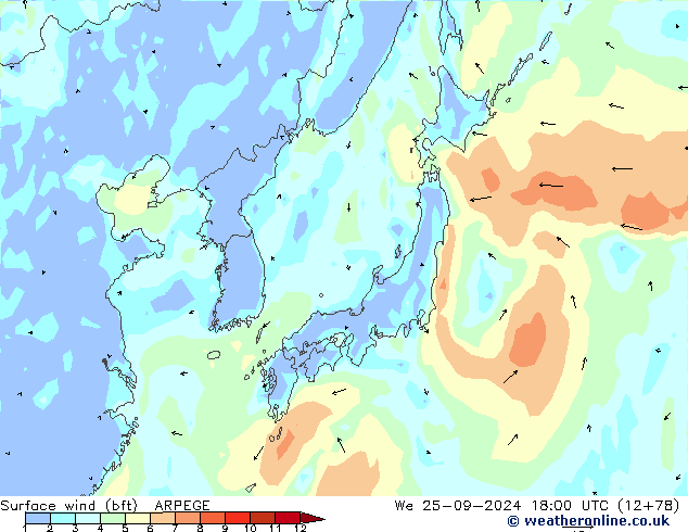 ве�Bе�@ 10 m (bft) ARPEGE ср 25.09.2024 18 UTC