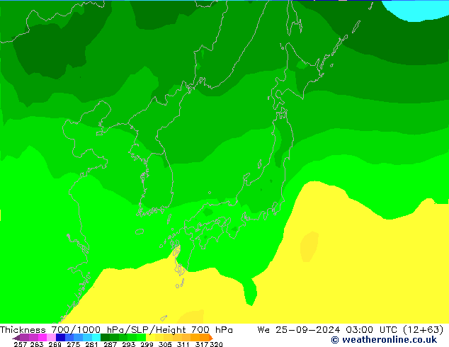 Thck 700-1000 hPa ARPEGE mer 25.09.2024 03 UTC