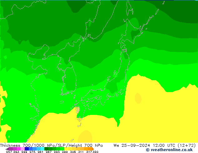 Thck 700-1000 hPa ARPEGE St 25.09.2024 12 UTC