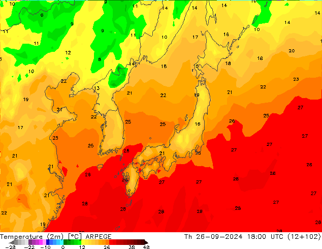 Temperature (2m) ARPEGE Čt 26.09.2024 18 UTC