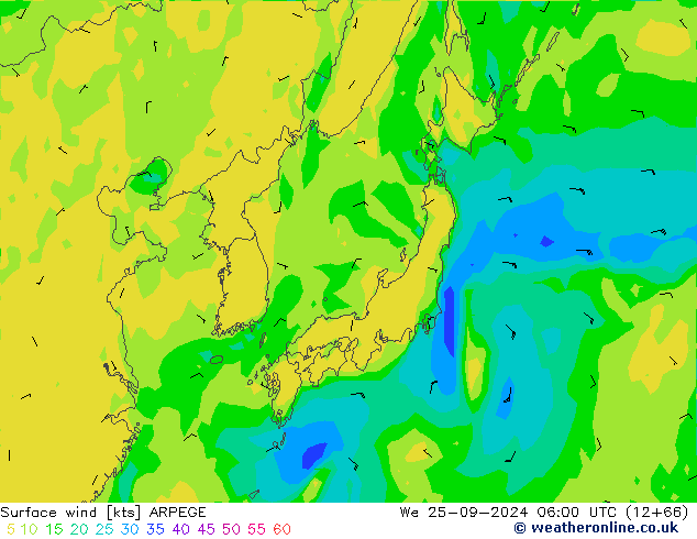 ветер 10 m ARPEGE ср 25.09.2024 06 UTC