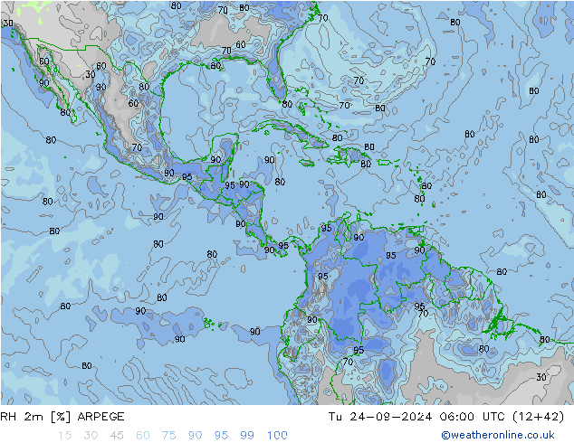 Humidité rel. 2m ARPEGE mar 24.09.2024 06 UTC