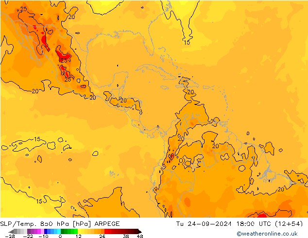 SLP/Temp. 850 hPa ARPEGE Út 24.09.2024 18 UTC