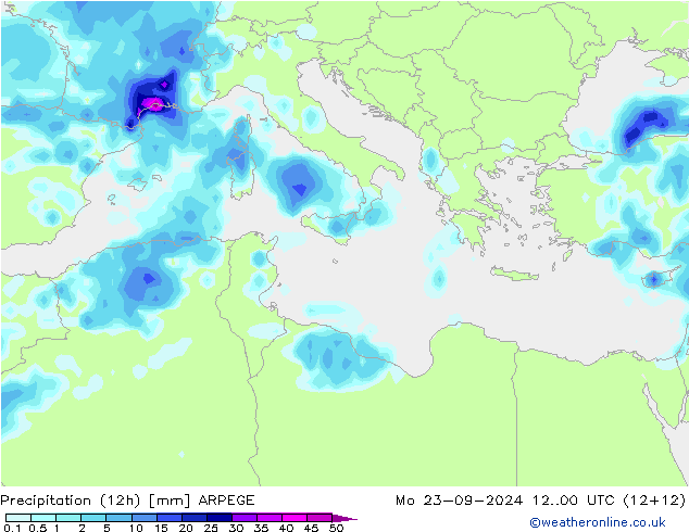 Totale neerslag (12h) ARPEGE ma 23.09.2024 00 UTC