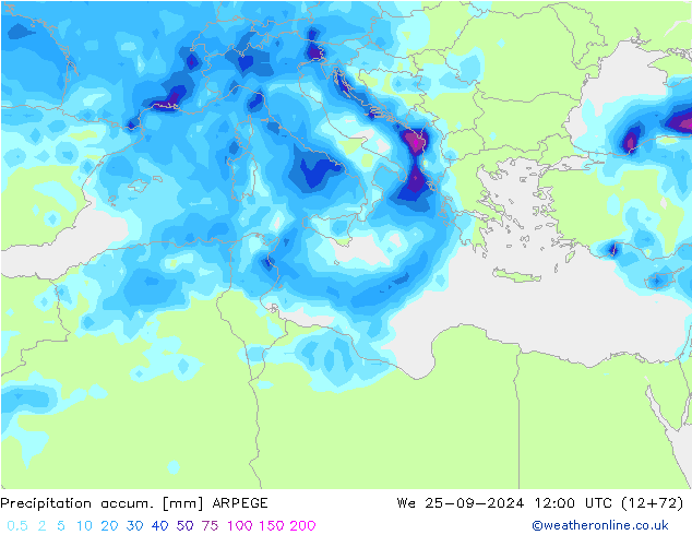 Precipitation accum. ARPEGE ср 25.09.2024 12 UTC