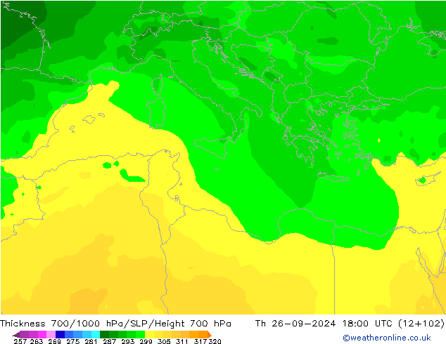 700-1000 hPa Kalınlığı ARPEGE Per 26.09.2024 18 UTC