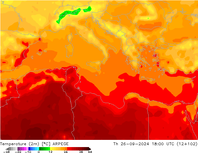 Temperature (2m) ARPEGE Th 26.09.2024 18 UTC