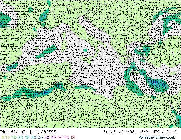 Wind 850 hPa ARPEGE zo 22.09.2024 18 UTC