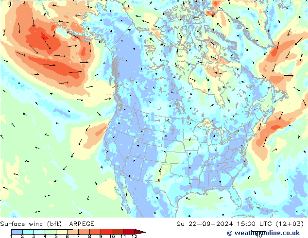 wiatr 10 m (bft) ARPEGE nie. 22.09.2024 15 UTC