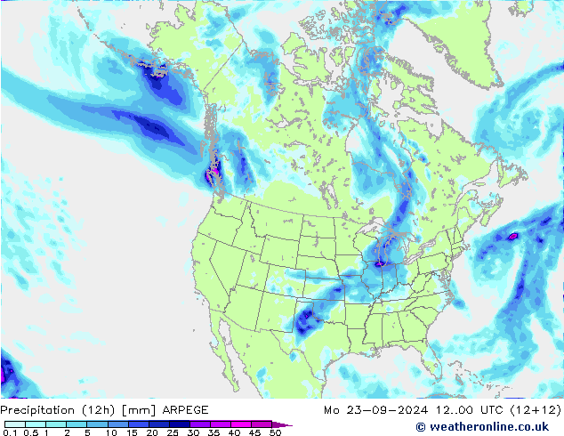 降水量 (12h) ARPEGE 星期一 23.09.2024 00 UTC